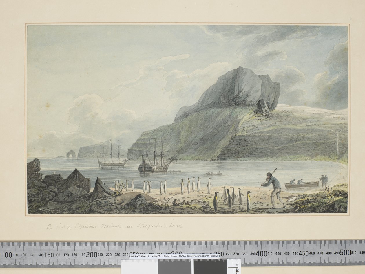 F.1 Udsigt over julehavnen i Kerguelens land, ca. 1773-84 (akvarel & trykgraveringer) af John Webber