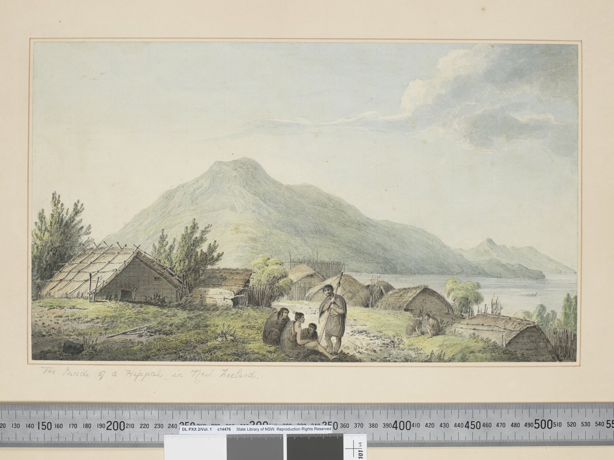 F.2 Indersiden af en hippah, i New Zeeland sic, ca. 1773-84 (akvarel- og trykgraveringer) af John Webber