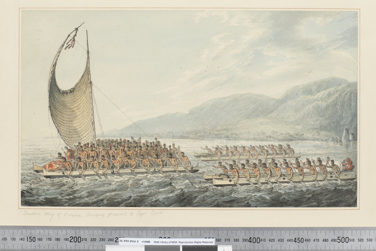 F.35 Tereoboo, konge af Owyhee, bringer gaver til Capt. Cook, ca. 1773-84 (akvarel) af John Webber