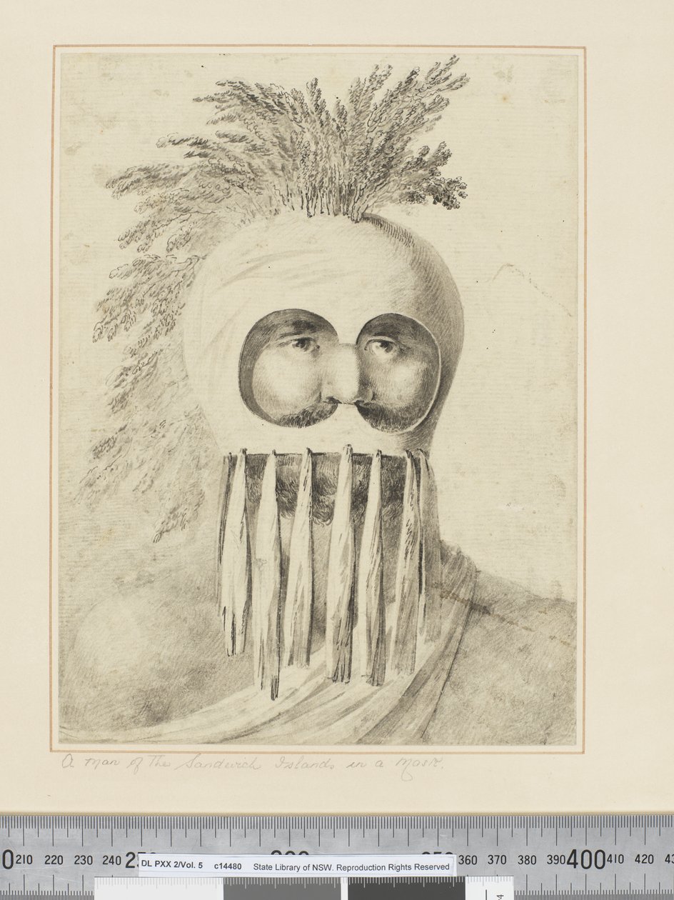 F.38 En mand fra Sandwichøerne i en maske, ca. 1773-84 (akvarel) af John Webber