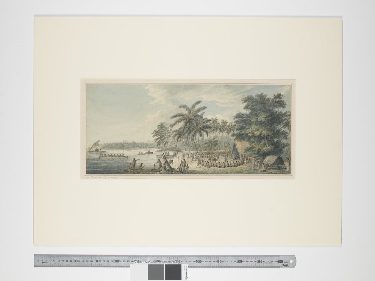 F.3 A view at Anamooka, ca. 1773-84 (akvarel- og trykgraveringer) af John Webber
