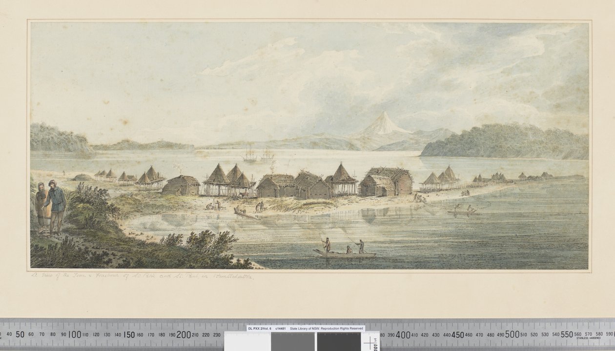 F.41 Udsigt over byen og havnen i St. Peter og St. Paul i Kamtschatka, ca. 1783-84 (akvarel) af John Webber