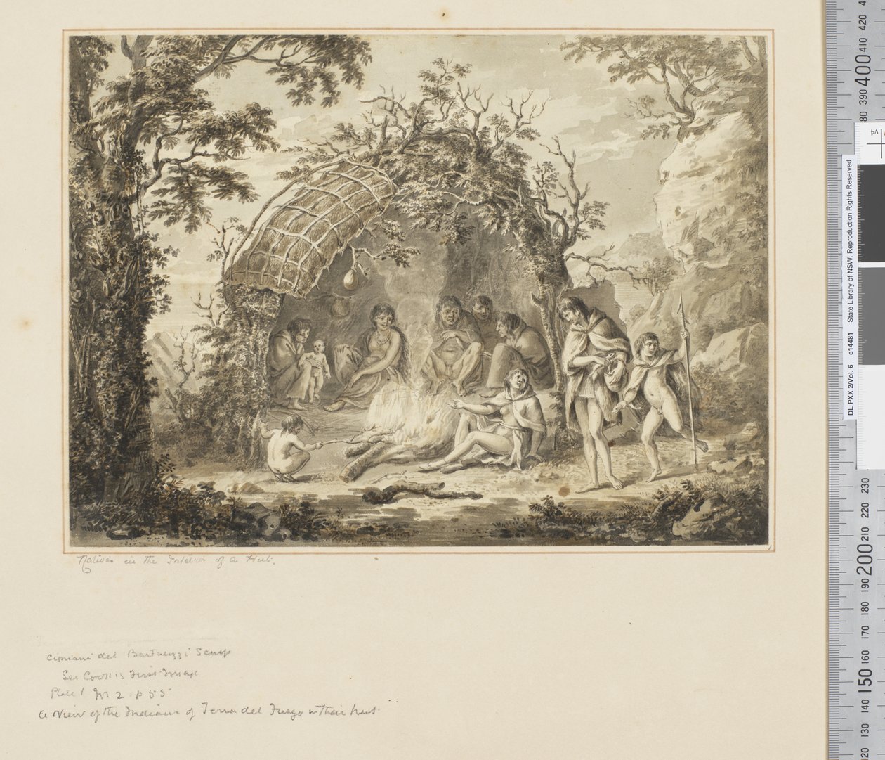 F.43 Indfødte i det indre af en hytte, ca. 1783-84 (akvarel) af John Webber