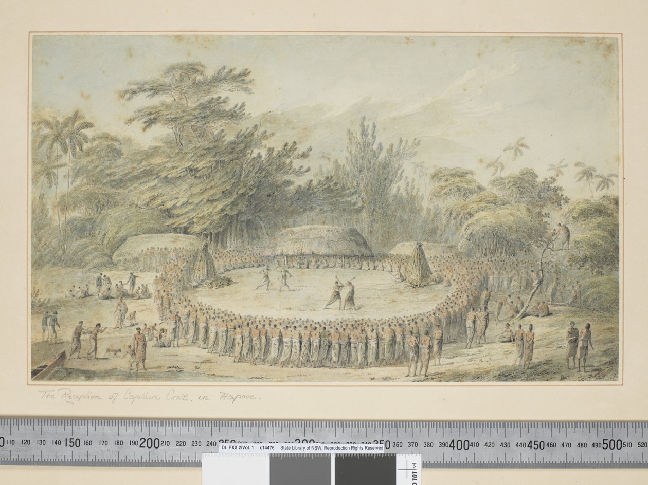 F.4 Modtagelsen af kaptajn Cook i Hapaee, ca. 1773-84 (akvarel- og trykgraveringer) af John Webber