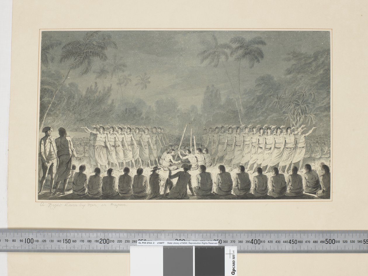 F.5 A Night Dance by Men, i Hapaee, ca. 1773-84 (akvarel) af John Webber