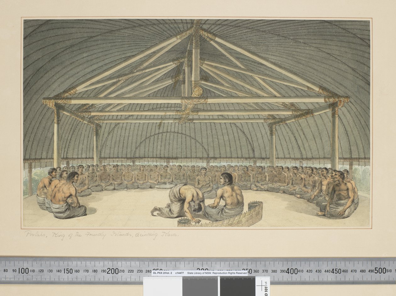 F.7 Poulaho, konge af de venlige øer, drikker Kava, ca. 1773-84 (akvarel) af John Webber
