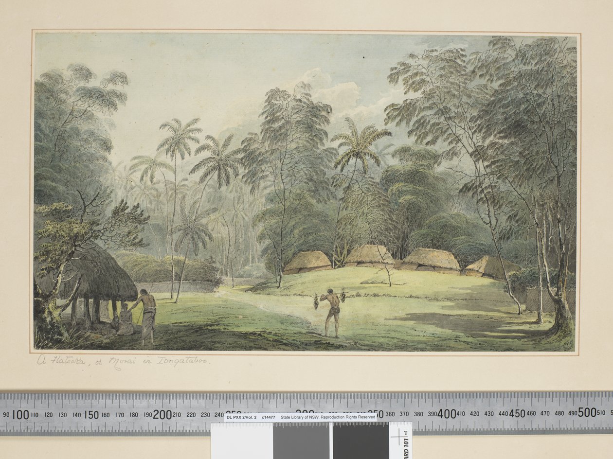 F.8 En Fiatooka, eller Morai i Tongataboo, ca. 1773-84 (akvarel) af John Webber