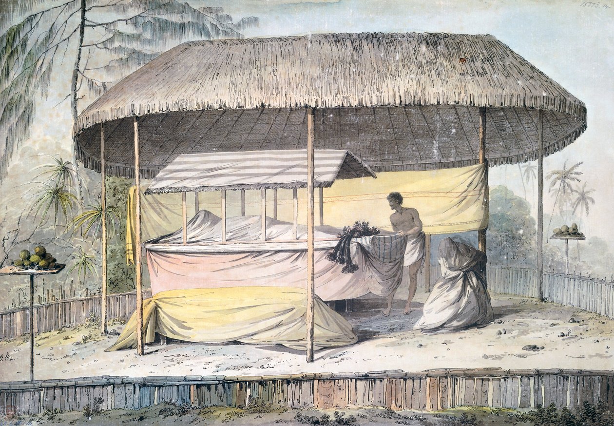 Begravelse med afdøde under baldakin, Tahiti, Society Islands, akvarel af John Webber (1750-1793) fra beskrivelse af kaptajn James Cooks sidste rejse (1776-1779), Polynesien af John Webber
