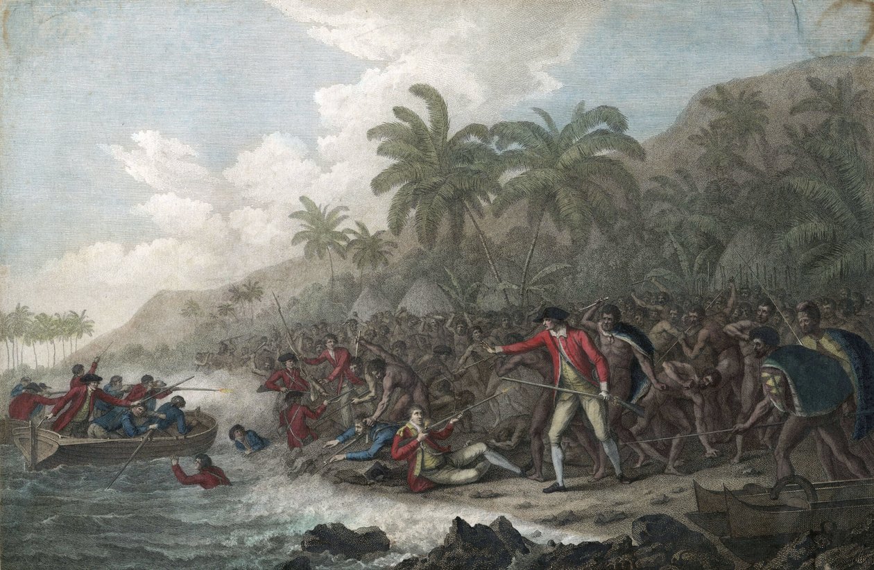 Kaptajn James Cook (1728-1779, britisk opdagelsesrejsende) dræbt af Hawaiian indfødte i Kealakekua Bay, på Sandwichøerne (Polynesien), i 1779 - Kaptajn James Cooks død den 14. februar af John Webber