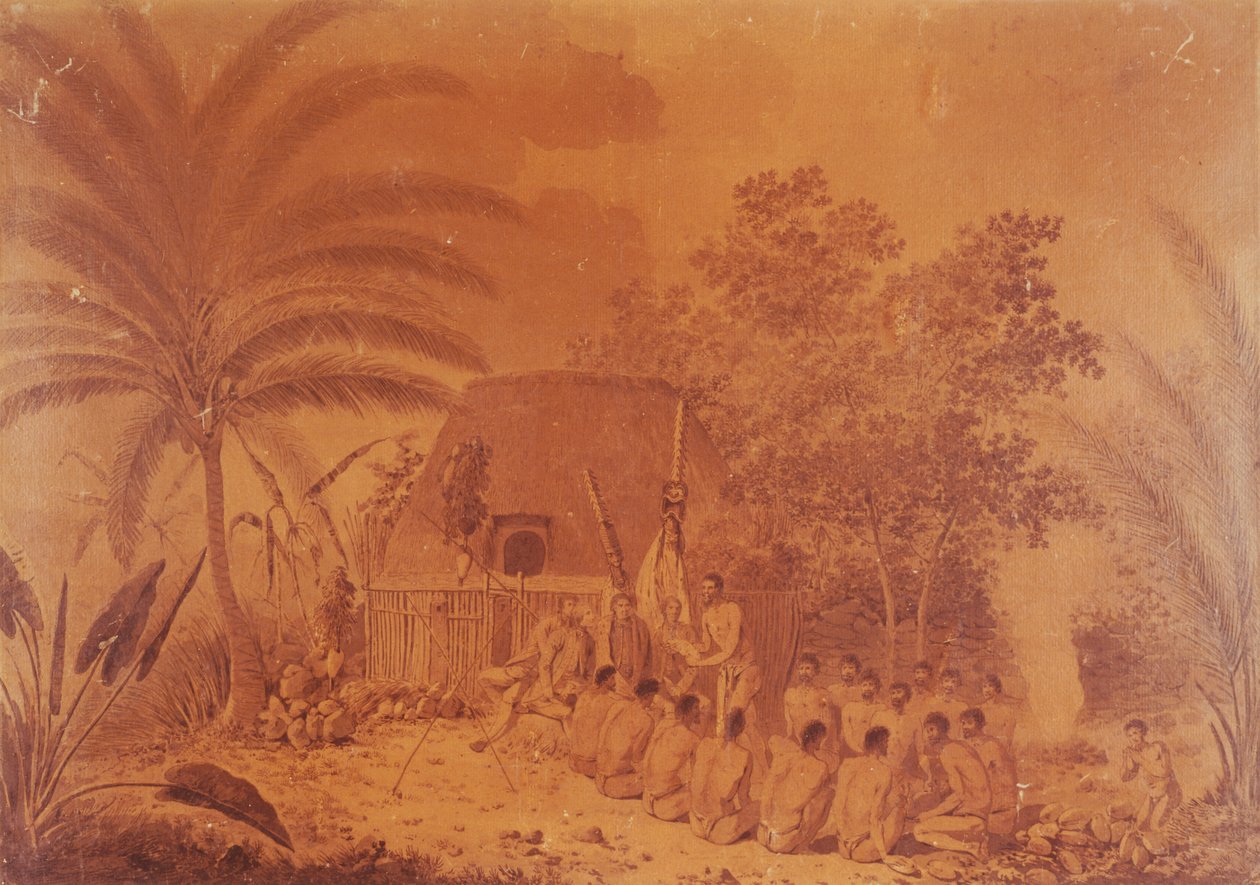 Ofringer til kaptajn James Cook, gravering af John Webber, Polynesien 18. århundrede. af John Webber