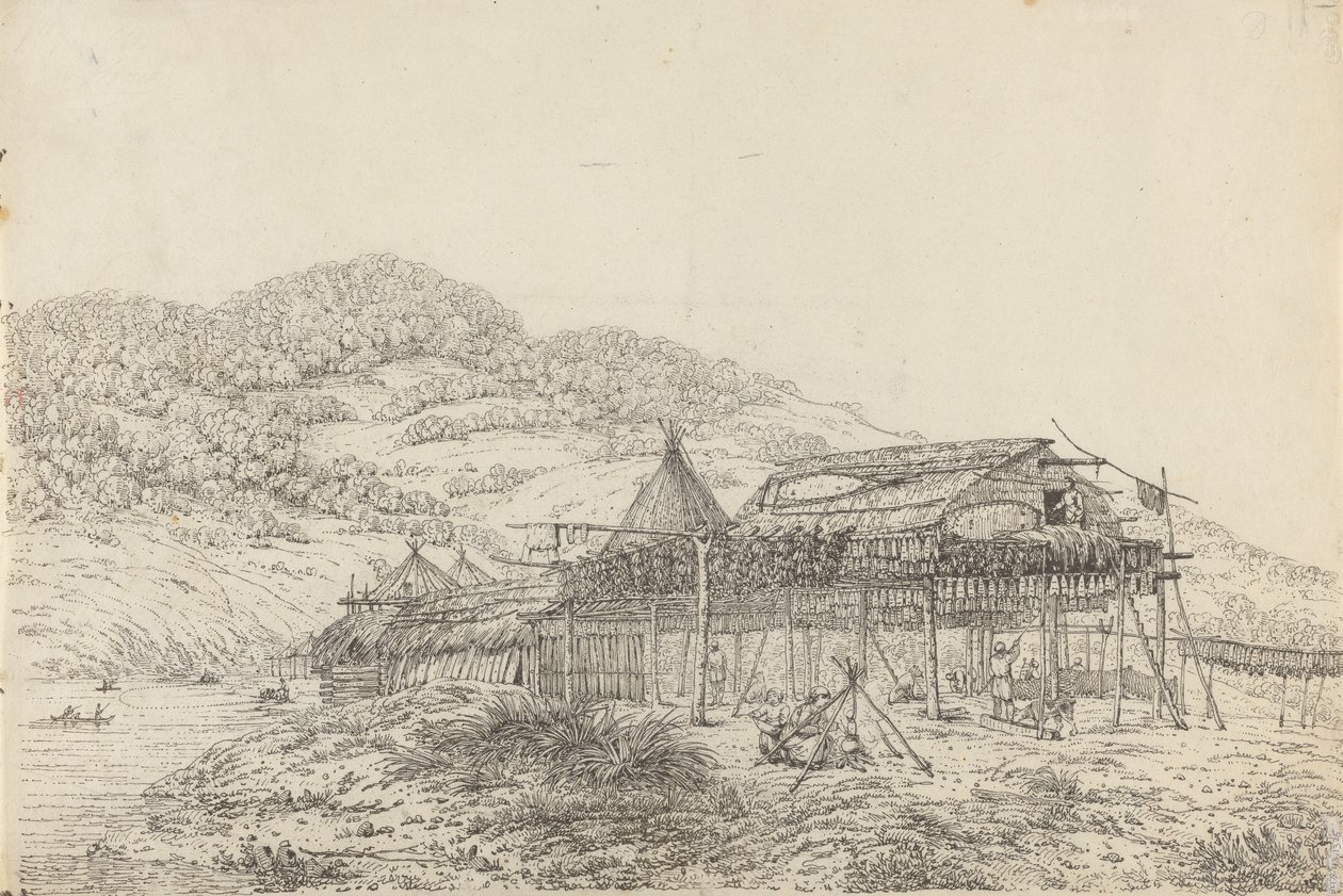 Balaganerne eller sommerboerne, med metoden til at tørre fisk, ved St. Peter og Paul, Kamtschatka af John Webber