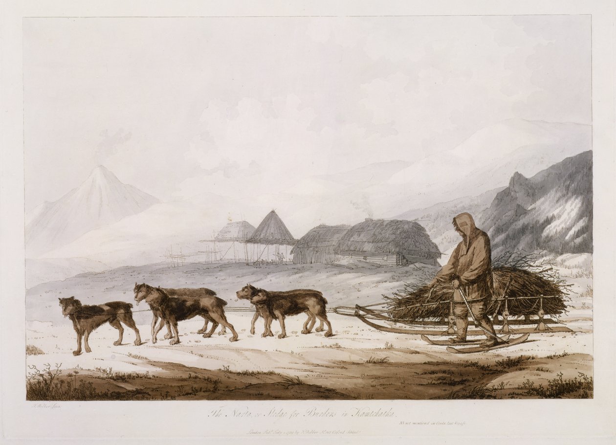 Narta, eller slæde til byrder i Kamtschatka, fra "Views in the South Seas", pub. 1789 af John Webber