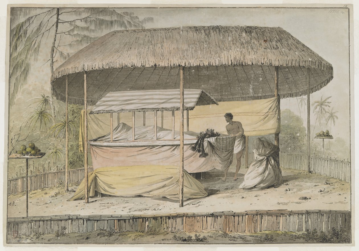 Waheiadooa, Chief of Oheitepeha, liggende i staten, optaget af kaptajn Cook under hans besøg i Tahiti den 19. august 1777. En begravelsesscene støtter det indhyllede lig og en ledsager. De ligger i læ af en markise med græstag, og omgivet af et lavt p af John Webber