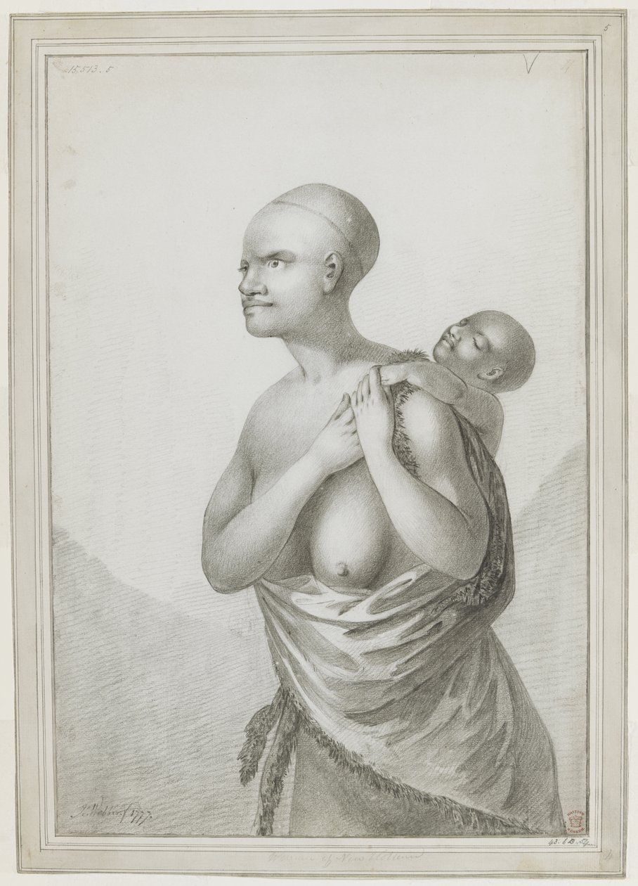 [Hele tegningen] En tasmansk kvinde, der bærer et barn på ryggen, med en hud slynget fra hendes venstre skulder omkring hendes talje. januar 1777 af John Webber