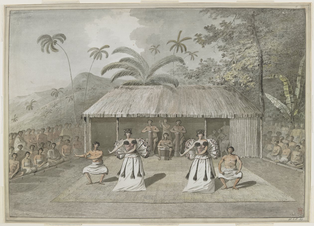 [Hele tegningen] En dans eller heiva på Otaheite [Tahiti]. To mænd og to kvinder danser med trommeslagere bagved og tilskuere på begge sider. september 1777 af John Webber