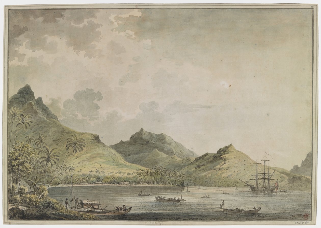 [Hele tegning]. En udsigt over havnen i Huahine [Fare Harbour]. med toppede bjerge, inklusive Mount Turi, i baggrunden. I bugten er 