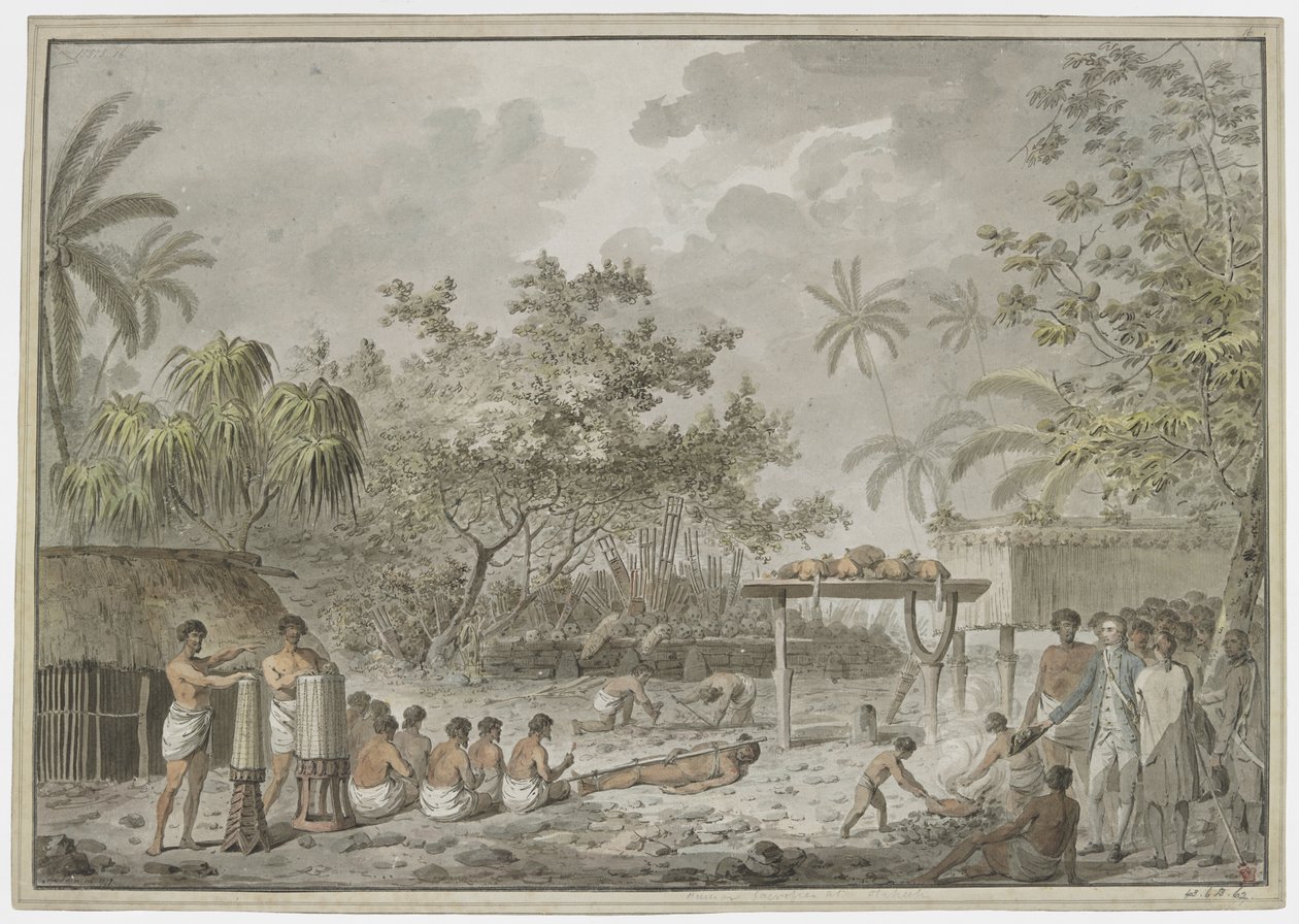 [Hel tegning] Menneskeofring ved den store morai ved Attahouroo [Utuaimahurau], Tahiti, bevidnet af kaptajn Cook den 1. september 1777. En bundet skikkelse i forgrunden med mænd, der graver et hul til kroppen bagved, og hvad der indeholdt to hunde og thr af John Webber