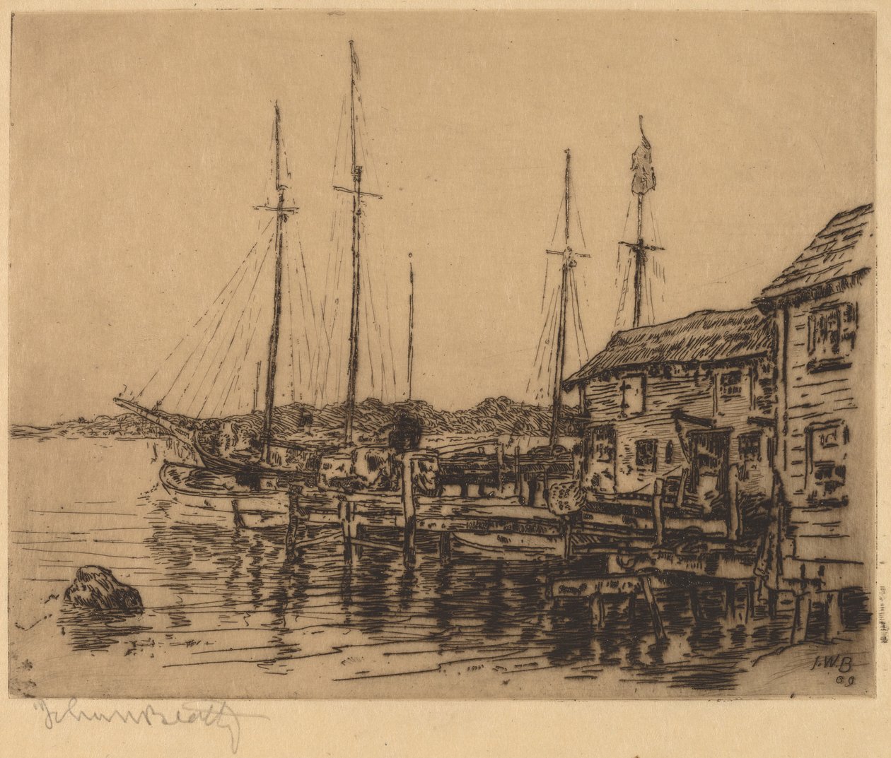 Fiskerbåde langs Quay, Noank, Conn. af John Wesley Beatty