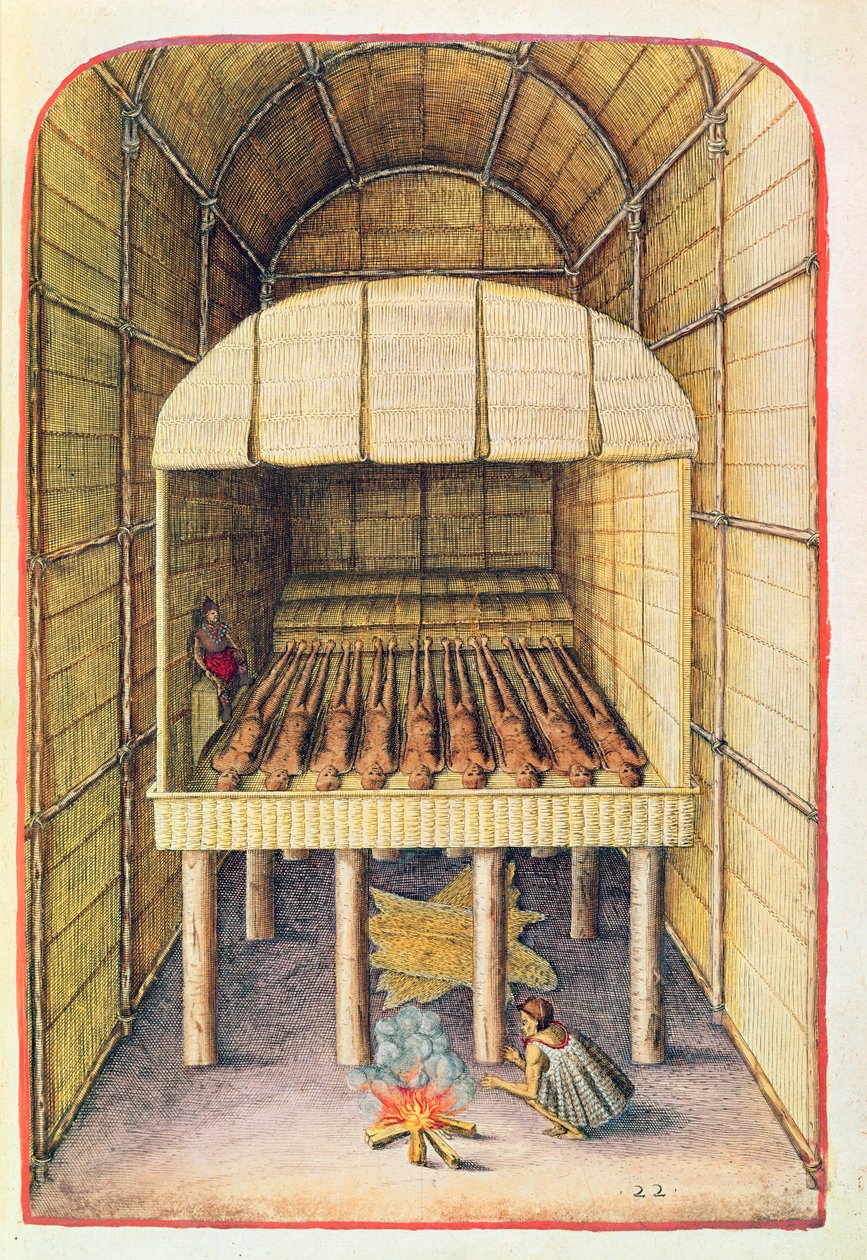 Hvordan indianerne behandlede deres døde, fra "Admiranda Narratio...", graveret af Theodore de Bry (1528-98) 1585-88 af John White