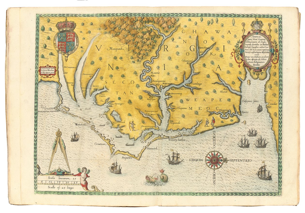Kort over Virginia, der viser ankomsten af Sir Walter Raleighs ekspedition i 1585, 1590 af John White