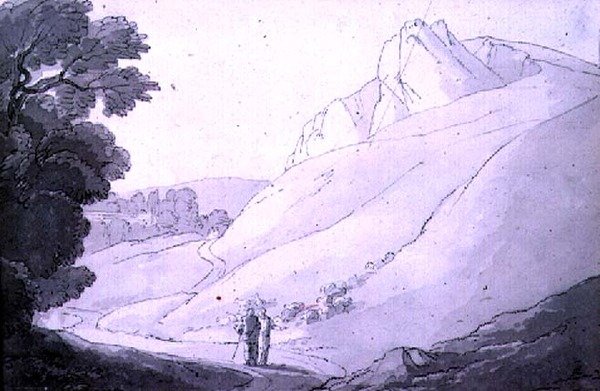 Et bakkelandskab med to figurer (pen, blæk og akvarel) af John White Abbott
