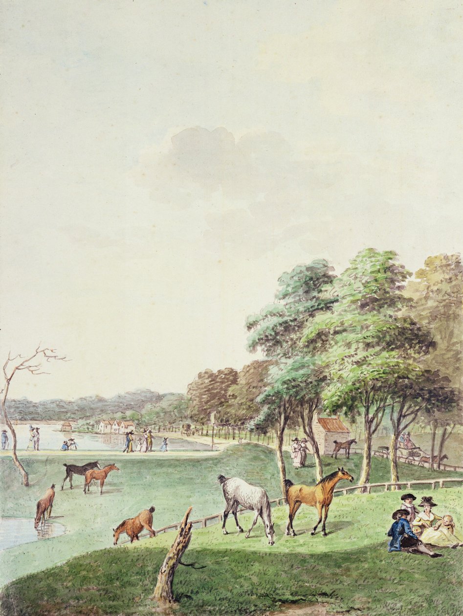 The East End of the Serpentine, og en fjern udsigt over Badehuset, 1794 af John White Abbott