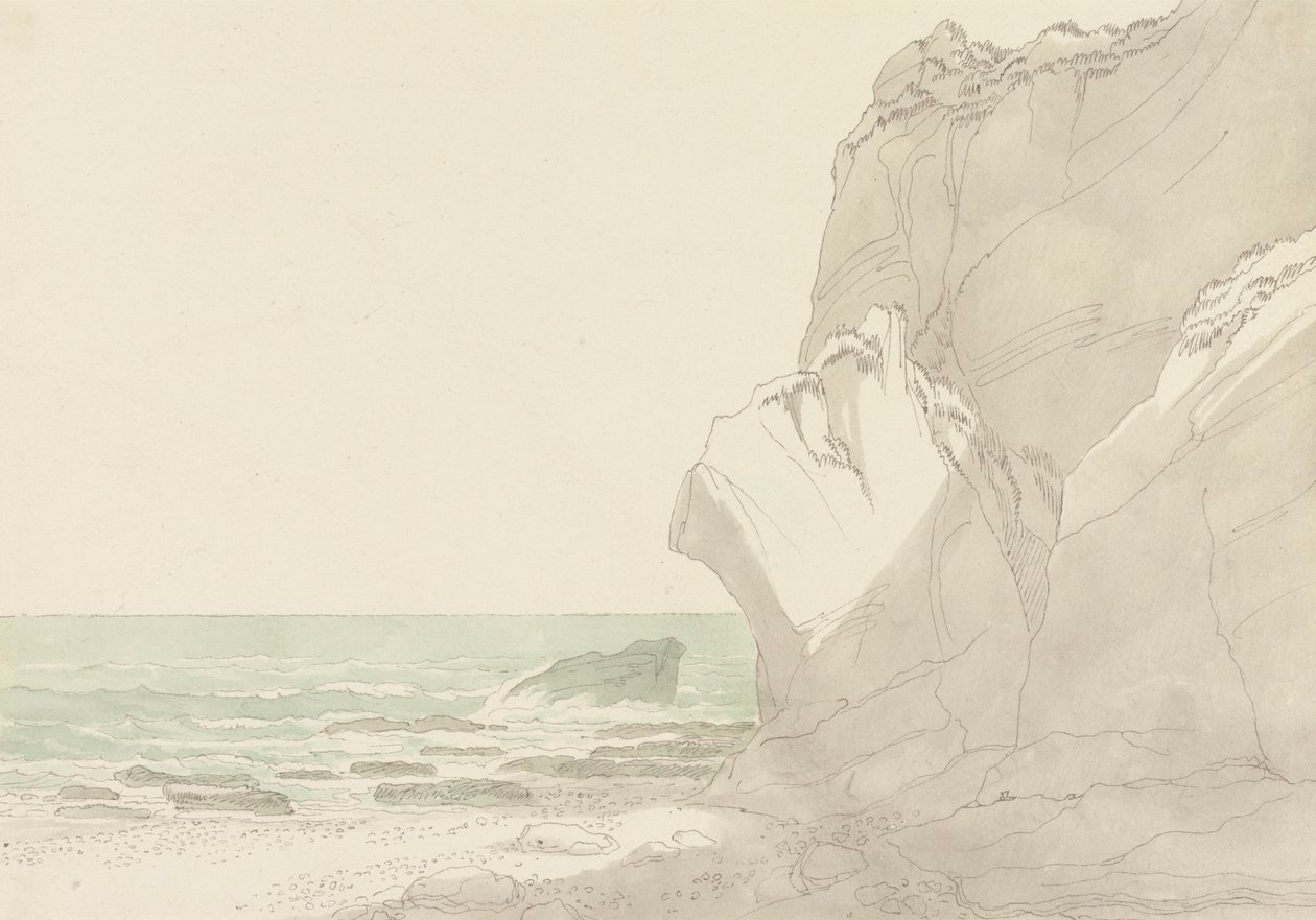 The Warren nær Exmouth, Devon: Steep Cliffs Rising at Right, Sea and Rocky Shore til venstre af John White Abbott