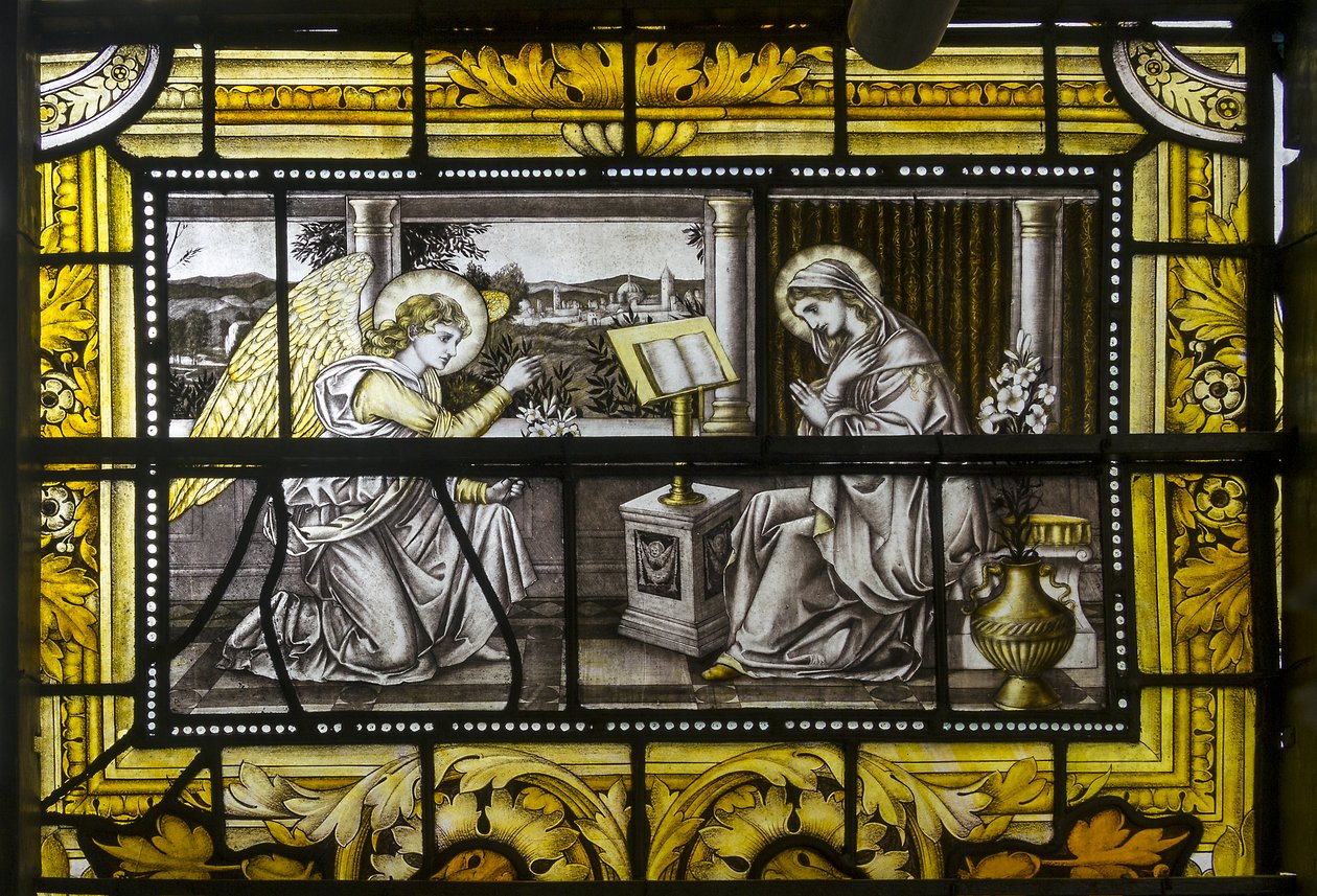 Oxford, Trinity College, James Powell & Sons, John William Brown (1842-1928), The Annunciation, 1885 af John William Brown