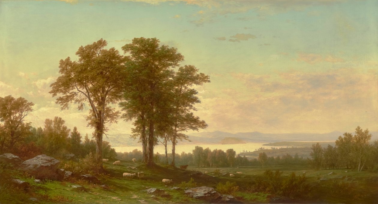 Flodlandskab med får 1877 (Olie på lærred) af John William Casilear