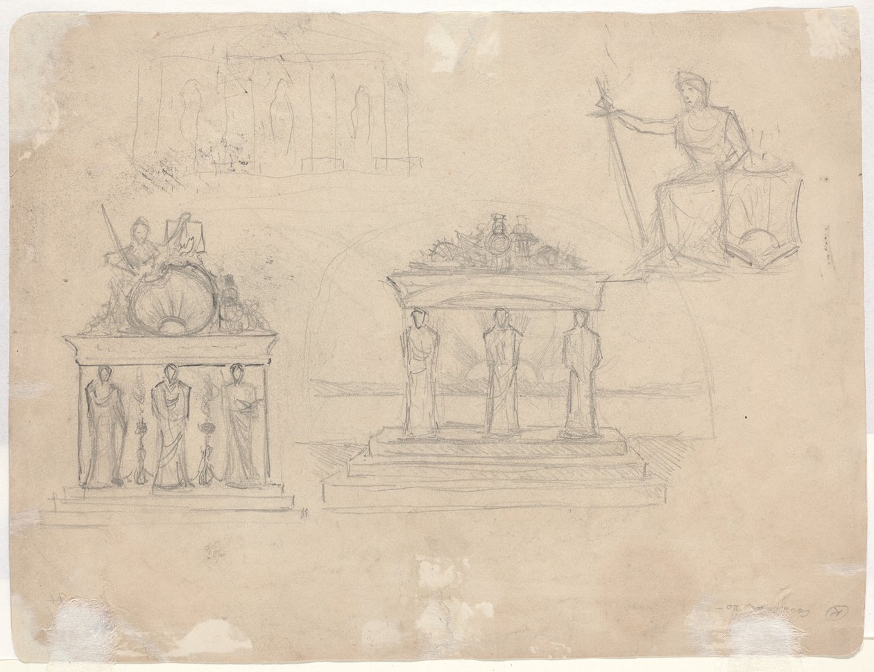 Studier af klassiske tempelfacader og siddende kvindefigur [verso] af John William Casilear