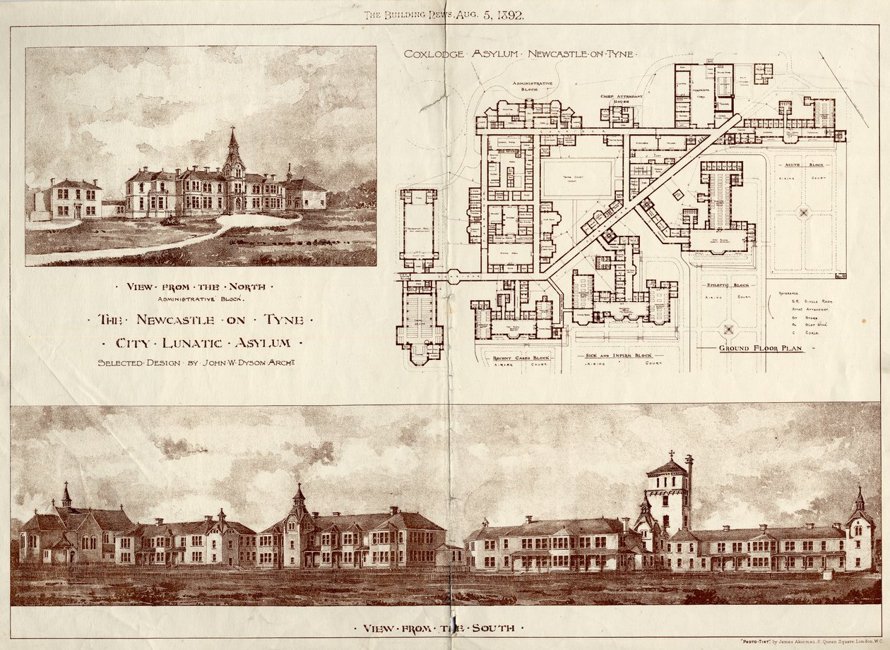 The Newcastle upon Tyne Lunatic Asylum, Coxlodge, ca. 1829 (photolitho) af John William Dyson