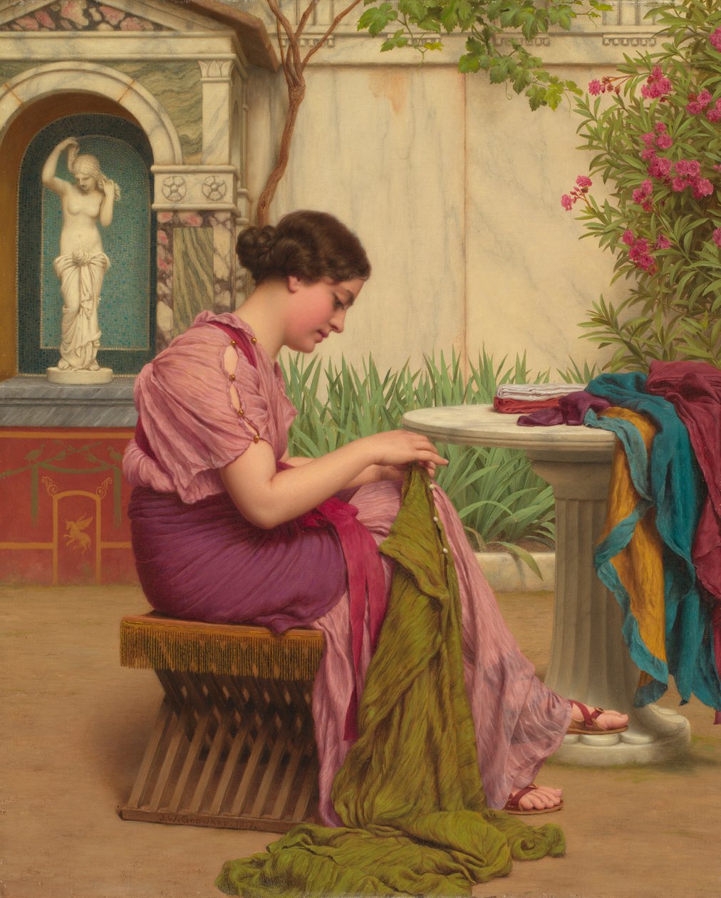 A Stitch is Free, or A Stitch in Time, 1917 af John William Godward