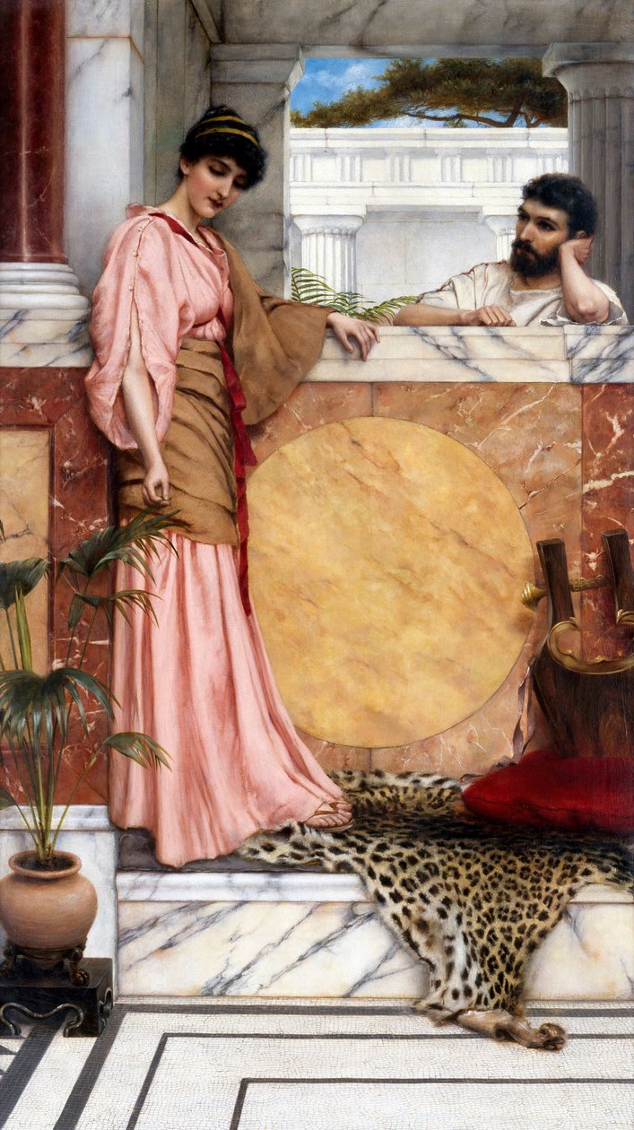 "Par i oldtiden, i en adelsmands villa (romersk), manden ser ud til at vente på kvindens svar. Maleri af John William Godward (1861-1922) 1889 Privat samling af John William Godward