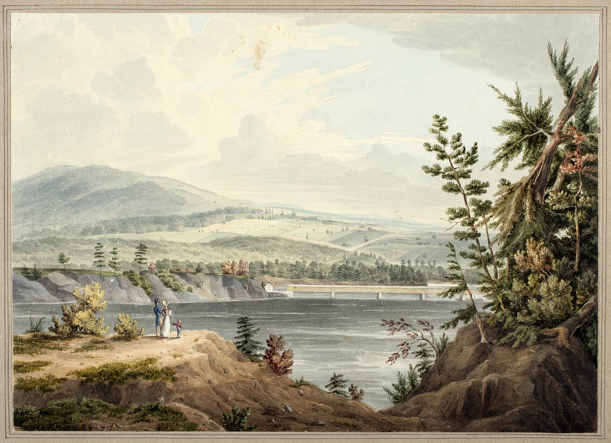 Hudson River Bridge nær Waterford, New York, 1832 (akvarel, gouache, selektiv glasering, grafit og ridser ud på papir lagt på kort) af John William Hill