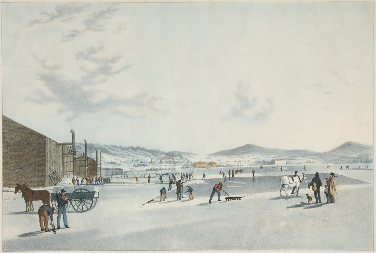 Rockland Lake - Cutting Ice. Udsigt fra det nordøstlige, pub. 1849 af John William Hill