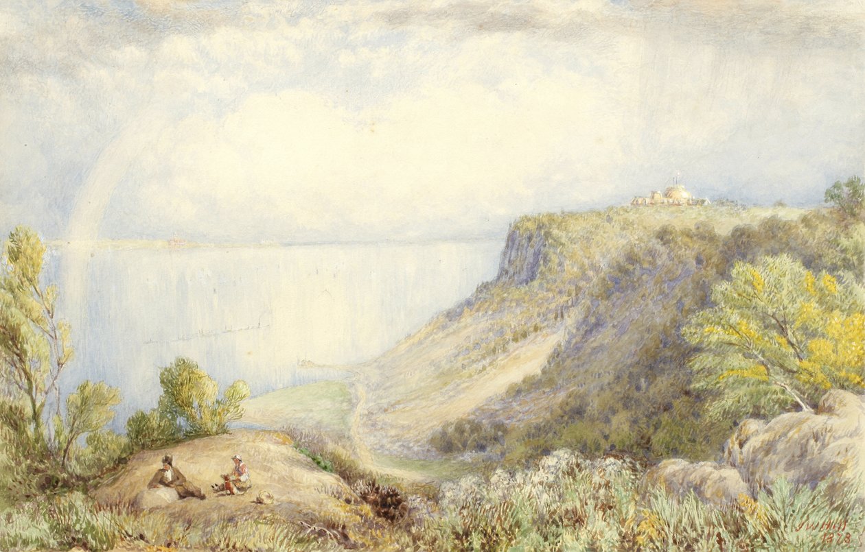 Udsigt over Hudson-floden fra Palisades, New York, med regnbue, 1873 Akvarel, grafit og lidt gouache på papir, lagt på kort af John William Hill