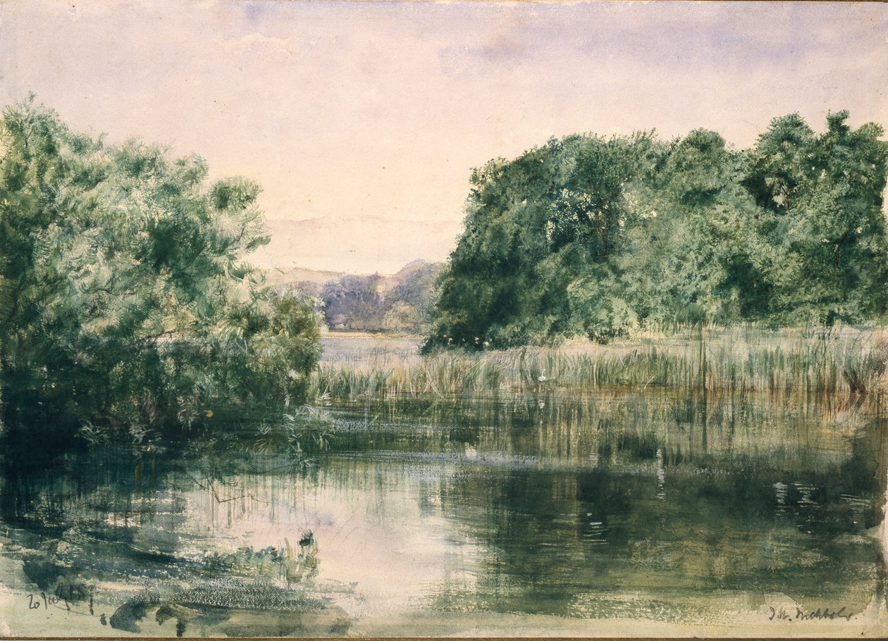 Udsigt over en sø med træer, 1857 af John William Inchbold