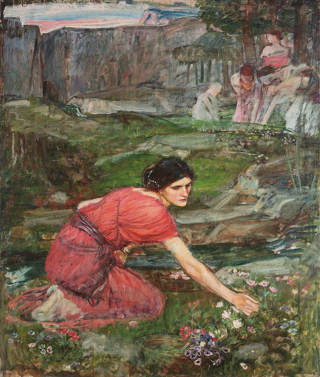 En undersøgelse: Jomfruer plukker blomster ved en strøm, ca. 1909-1914 af John William Waterhouse