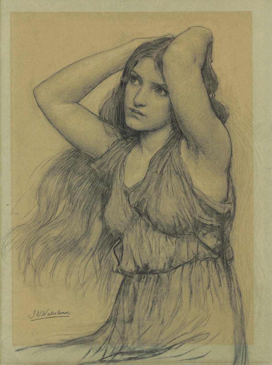 Flora (sort kridt på buff-papir) af John William Waterhouse