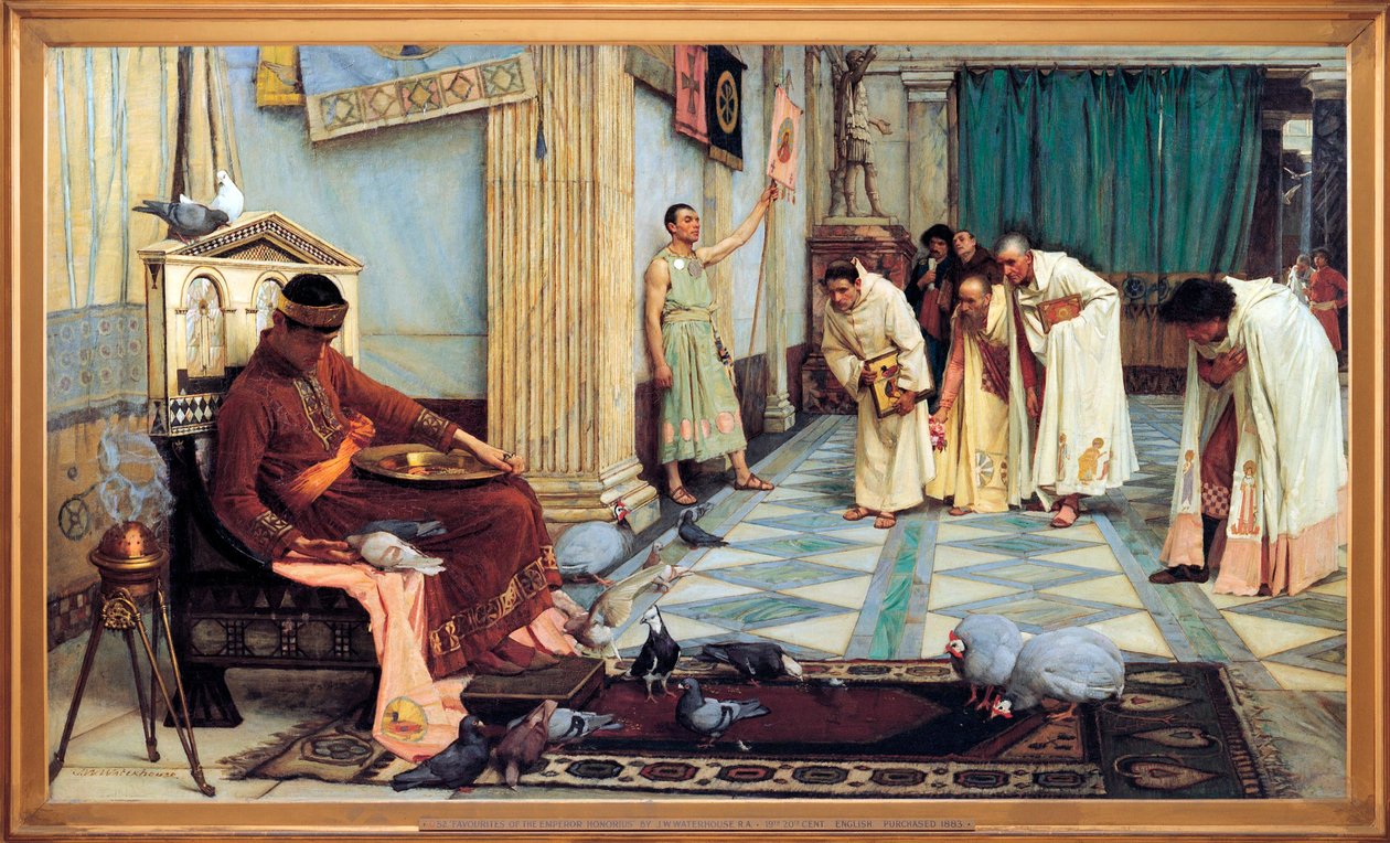 ""Favoritter af den vestromerske kejser Honorius (384-423)"" Afbildning af kejseren, der fodrer sine fugle, mens hans rådgivere bukker ydmygt - Maleri af John William Waterhouse (1849-1917) 1883 Art Gallery of South Australia A af John William Waterhouse