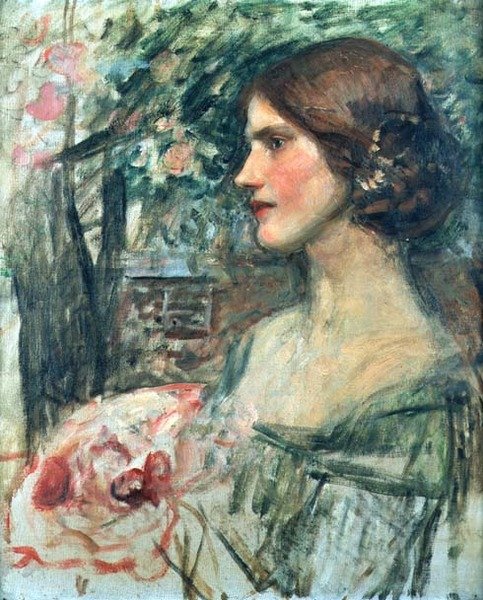 Portræt af en dame i en grøn kjole eller buketten, ca. 1908 (olie på lærred) af John William Waterhouse