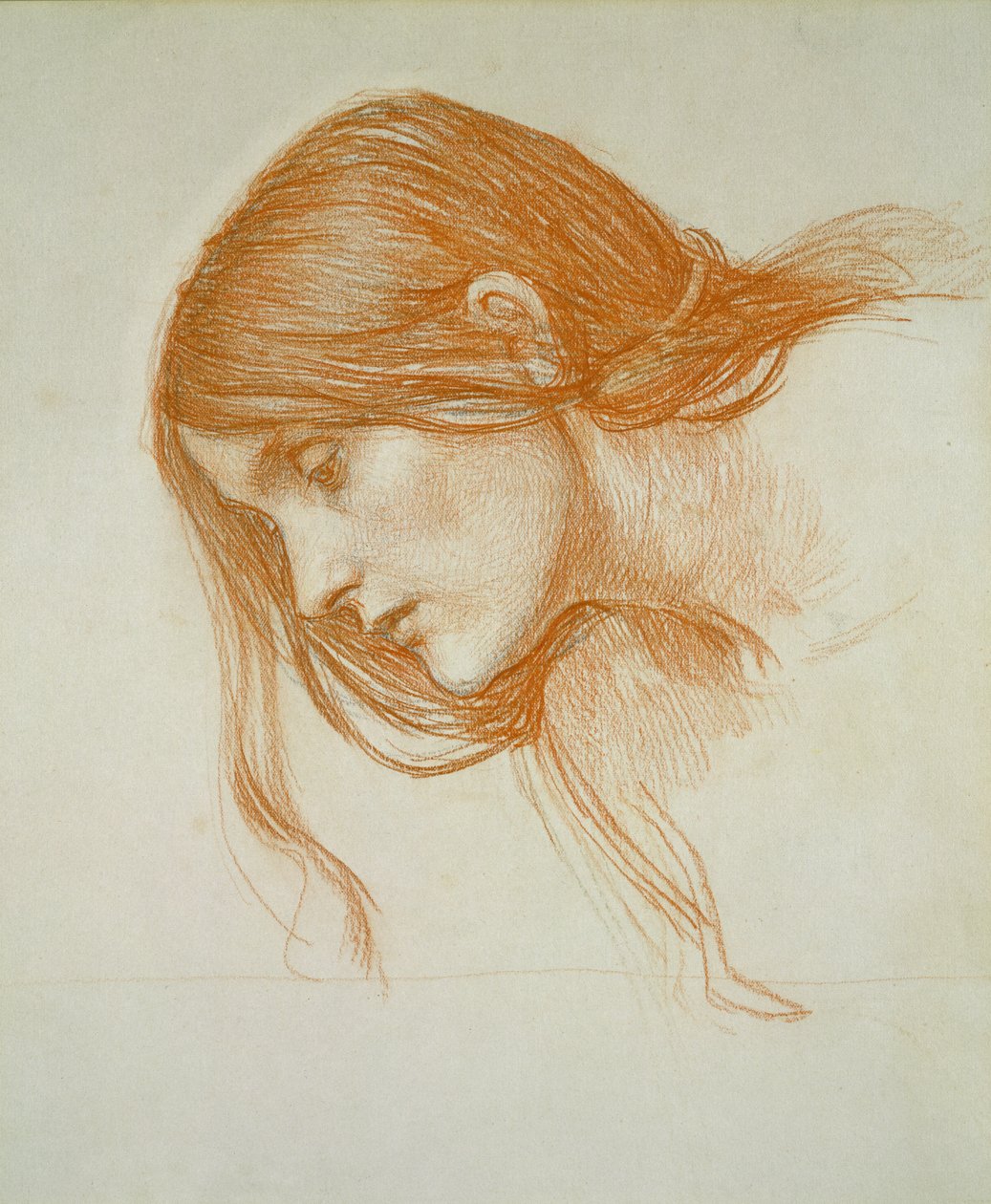 Studie af en piges hoved (rødt kridt på papir) af John William Waterhouse