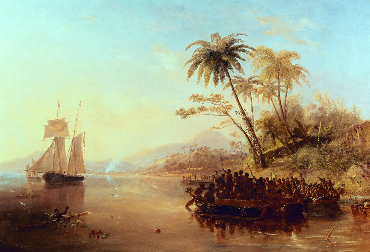 Et britisk landmålingsskib i det sydlige Stillehav modtaget af øboere i Outrigger Canoes, ca. 1840 af John Wilson Carmichael