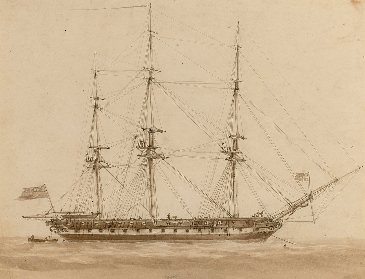 A British frigate riding on her anchordani af John Wilson Carmichael