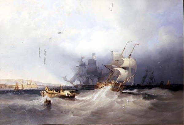 En hollandsk brig på havnen og anden forsendelse ud for en østkysthavn af John Wilson Carmichael