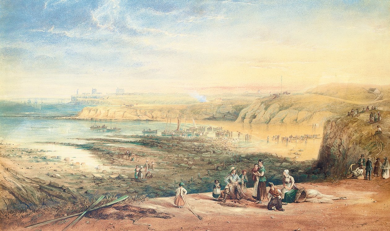 Cullercoats ser mod Tynemouth, Northumberland, med fiskere i forgrunden, 1836 af John Wilson Carmichael
