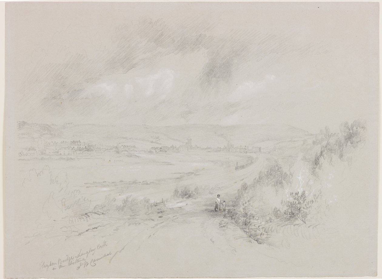 Haydon Bridge, Langley Castle in the Distance (bc og blyant på papir) af John Wilson Carmichael