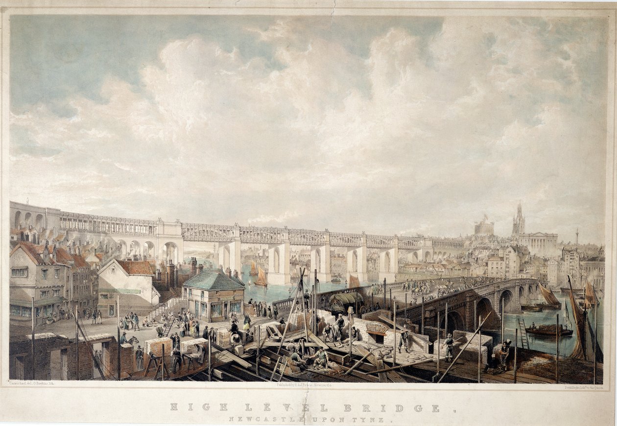 High Level Bridge, Newcastle upon Tyne, graveret af George Hawkins (1819-52) (håndfarvet litho) af John Wilson Carmichael
