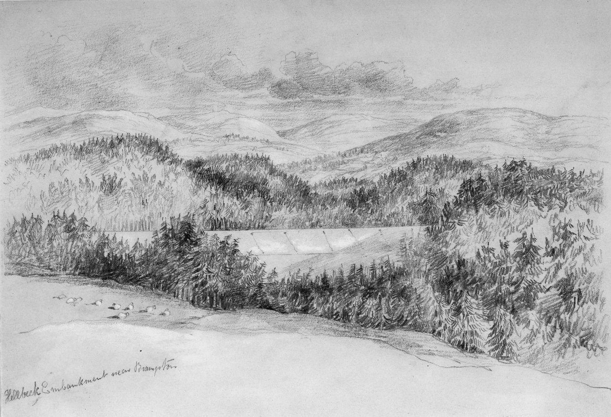 Hillbeck Embankment nær Brampton (bc og blyant på papir) af John Wilson Carmichael