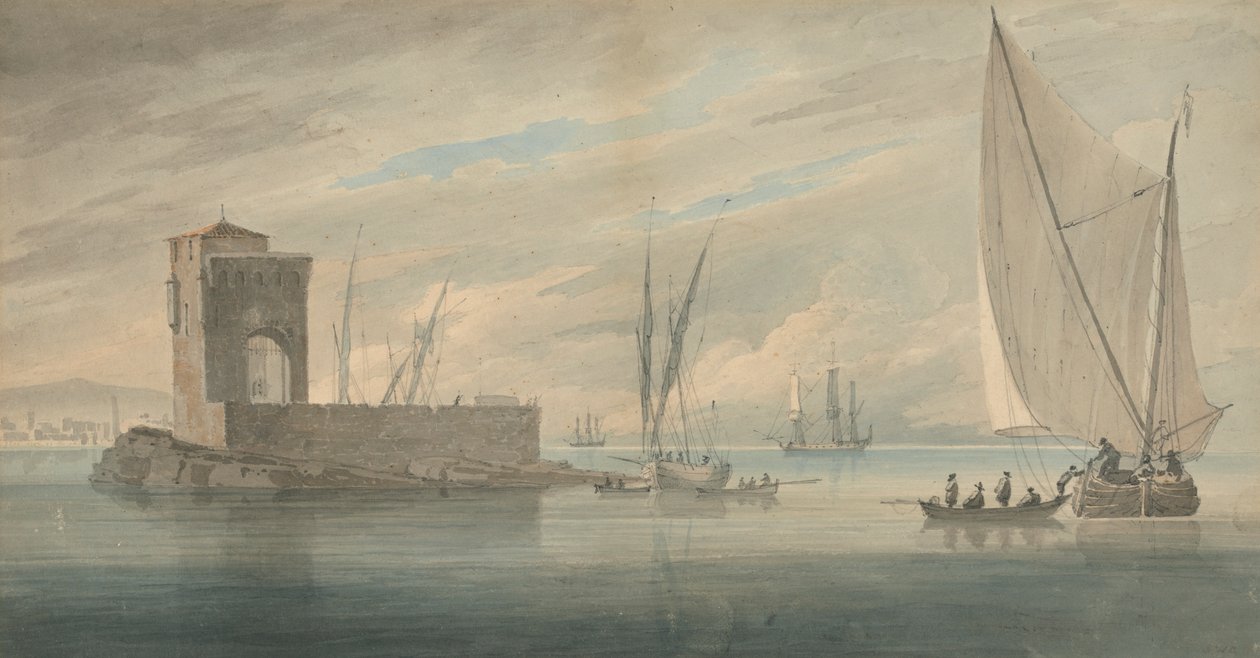 Italiensk kystscene med Island Shipping af John Wilson Carmichael